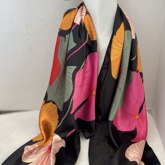 Botanical Silk-Feel Scarf Vibrant Floral 34” Square Elegant - Picture 6 of 11